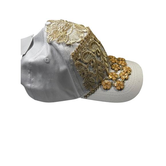 OOAK Upcycled White & Gold Boho Baseball Cap Handmade main image 4